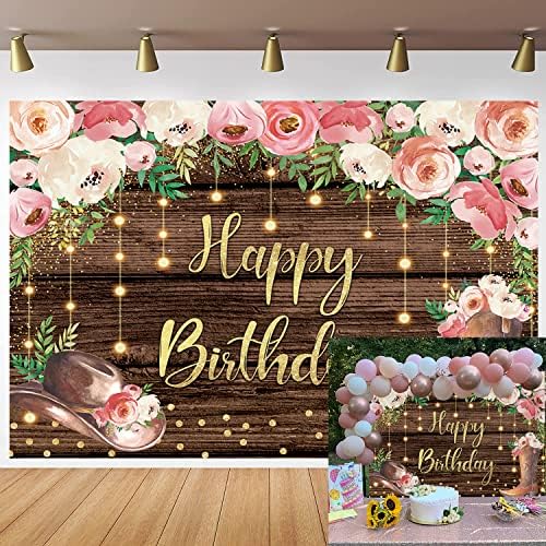 Cowgirl Mutlu Doğum Günü Zemin 7x5FT Batı Şapka Çizme Çiçek Glitter Kahverengi Rustik Ahşap Boho Doğum Günü Fotoğraf