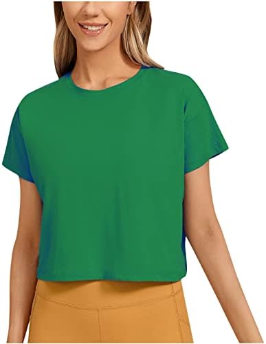 Kadın Yaz Kısa Kollu Sevimli Kırpma Üstleri Rahat Temel Crewneck Düz Renk Slim Fit T-Shirt