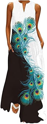 V Boyun Uzun Flowy Elbiseler Kadınlar için Çiçek Baskı Maxi Yensiz Bohemian Kolsuz Plaj Tankı Elbise Cepler ile