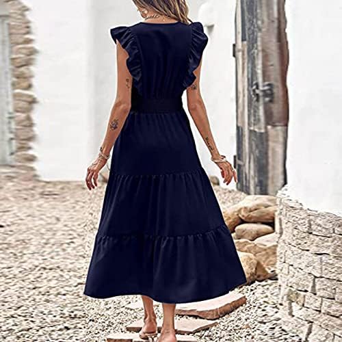 Yaz Kolsuz uzun elbise Kadınlar için Rahat V Yaka Tankı Elbiseler Önlüklü Bel Katmanlı Fırfır Flowy Boho Maxi Sundress