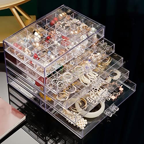 MİOİNEY Akrilik Mücevher Kutusu 5 Çekmeceli Küpe saklama kutusu Şeffaf Mücevher Kutusu Organizatör Depolama Tutucu