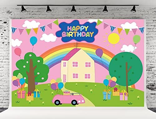 7X5ft 7X5ft Karikatür Mutlu Doğum Günü Partisi Afiş Arka Planında Gökkuşağı Karikatür Ev Yeşil Ağaçlar Bitkiler kızın