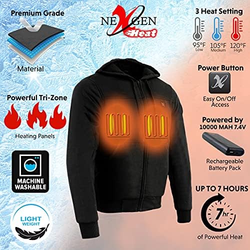 Nexgen ısı NXM1713SET erkek siyah ısıtmalı fermuar Holigan Hoodie ceket açık hava etkinlikleri için w / pil paketi