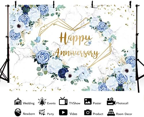 MEHOFOND 7x5ft Mutlu Yıldönümü Zemin Mavi ve Beyaz Çiçek Düğün Yıldönümü Fotoğraf Arka Plan Kalpler Geometrik Çift