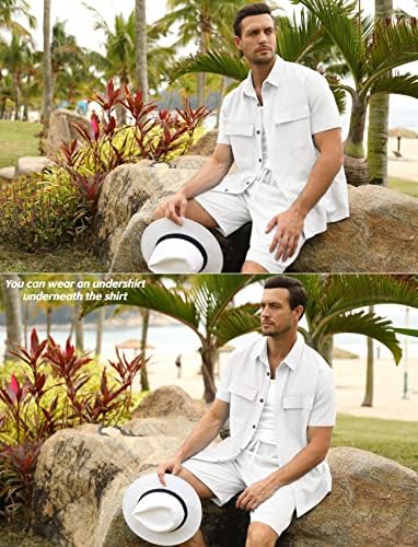 Erkekler 2 Parça Keten Gömlek Setleri Yaz Plaj Kıyafetleri Kısa Kollu Düğme Aşağı Gömlek İpli Gevşek Şort Takım Seti
